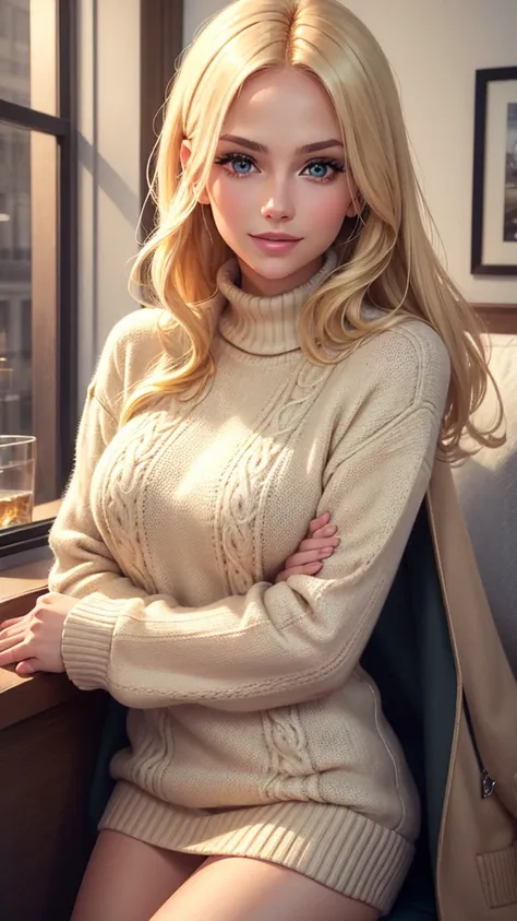 portrait of a model woman with blonde hair in a warm designer sweater, in the style of branded clothing, with the sweater on dis...