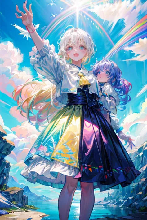 Rainbow on background、Irridescent color、colourfull、blue open sky、Colorful world、has a rainbow weapon、top-quality、超A high resolution、(Photorealsitic:1.4)、Female 1 Person、(Kpop Idle)、(attractiveness:1)、(Platinum Blonde Hair:1)、((Puffy eyes))、Look at the view...