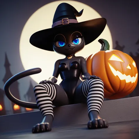 Cinematic, 3d, alone, female black cat, furry, small breasts, dressed in a witch costume, striped stockings, with witch hat, beautiful detailed eyes, blue eyes, long tail, sitting on a pumpkin, hands on thighs, big eyes, seductive, shiny and soft body, bla...