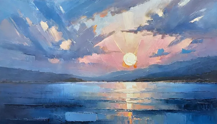 a heavy texture oil painting, thick brushwork, dry brush,expose the bottom layer, breathtaking composition, beautiful sunset, wa...