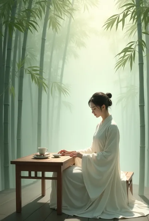 Tall bamboo，Hazy background，Tea Table，Chair，（White Hanfu），Chinese Girl