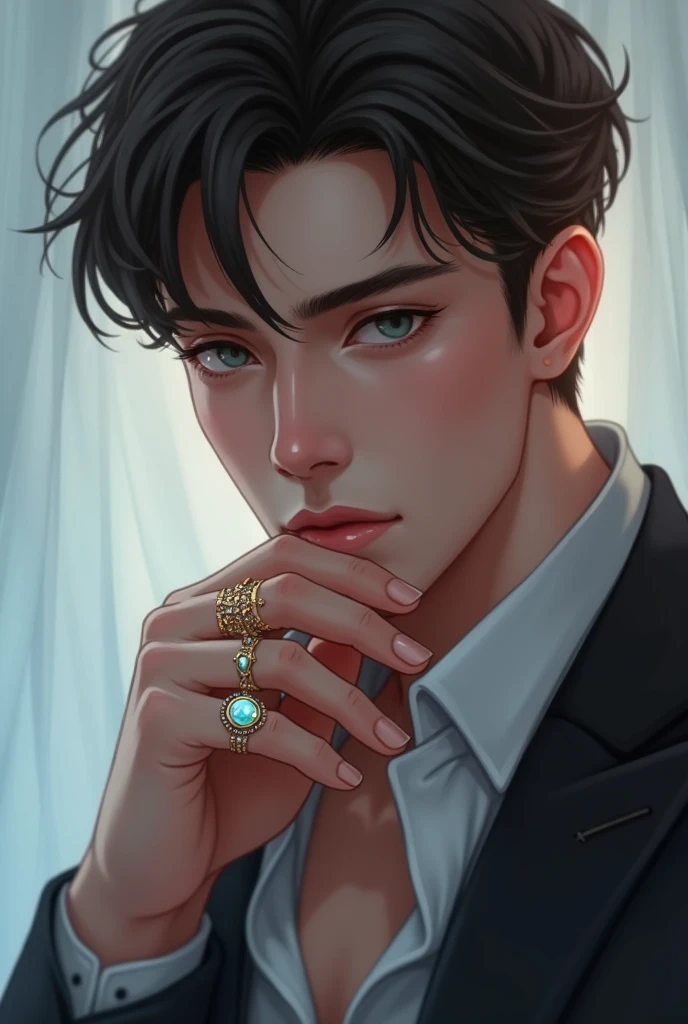 The cover of a BL novel, I want the main character to wear a ring, I want it to be very beautiful, and the hero is handsome in the background, but I can only see it vaguely because the hero is a ghost.