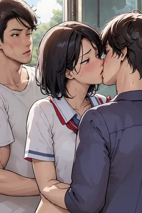 Couple、Heterosexual、Male 1 person、Female 1 person、Embrace、kiss、School uniforms、Backlight、Sunset、School terrace、kiss、フレンチ kiss、舌kiss、Woman touches mans crotch、Close your eyes、blush、Leaning against a wall