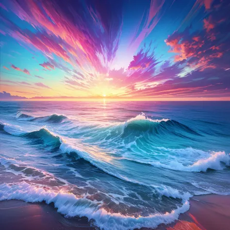 a colorful gradient sea, beautiful detailed ocean waves, calm serene atmosphere, vibrant colors, digital art, 8k, ultra-detailed...