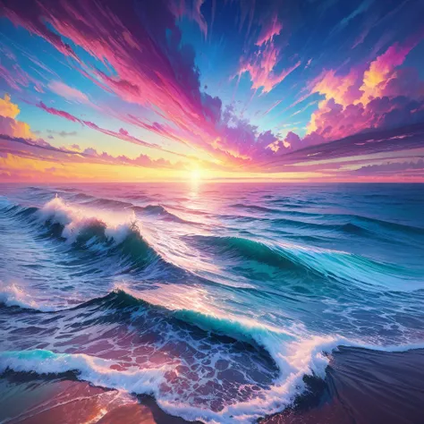 a colorful gradient sea, beautiful detailed ocean waves, calm serene atmosphere, vibrant colors, digital art, 8k, ultra-detailed...