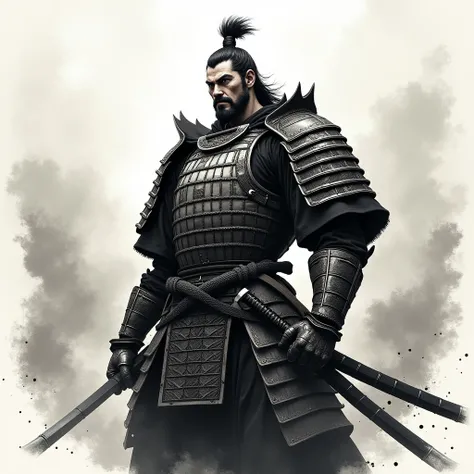 Sengoku Warlords　samurai　Ink painting　Ink　Monochrome　Active　mysterious　up　There is movement　1 person　Real　Musashi Miyamoto　armor　Macho