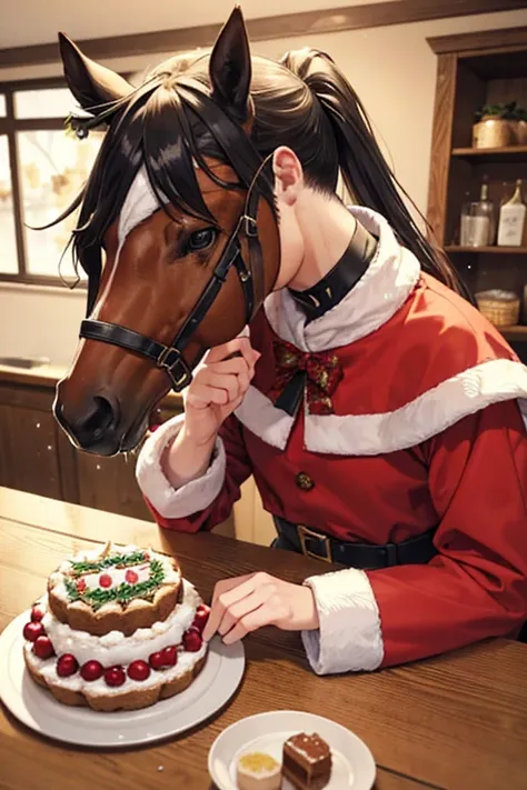 Christmasケーキを食べてる馬　Christmasでケーキを食べるThoroughbred　Christmasでケーキを食べる馬　Horses drinking　　Snow scene at night with powdery snow falling　Horse-focused　　Drinking horse　Horse face close-up　Christmas　Christmasパーティーをする馬たち　Christmasの夜　Horse dressed as Santa Claus　サンタ...