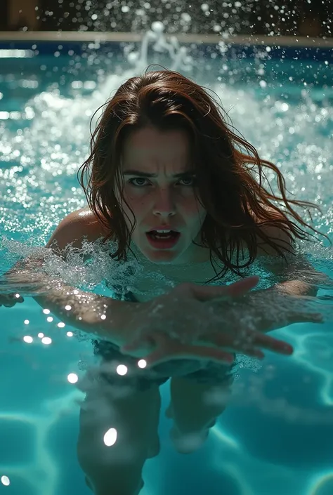 A mid-20 year old woman with brown hair is pushed down by a man in a pool. Her head is under water