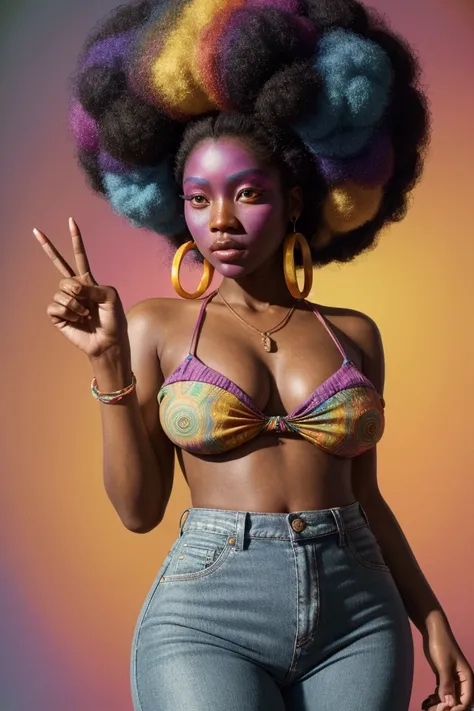 colorful gradient, bell-bottom jeans, afro hairstyle, hippie fashion, anti-Vietnam War movement, 1960s, peace sign, psychedelic, vibrant colors, retro style, detailed portrait, photorealistic, masterpiece, 8k, hyper detailed, studio lighting