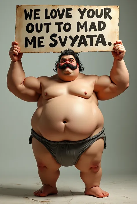 A fat man with a moustache in his underwear holding a poster, the poster has the inscription I love Svyata