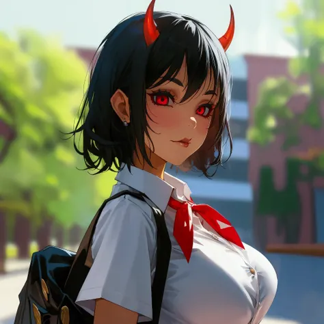 Large Breasts, Girl Succubus, Devilish Taill, shcool uniform, shirt, button, whole body, front