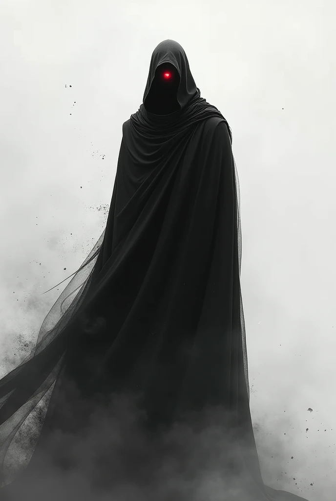 A dark, brooding character standing tall against a stark, minimalistic backdrop. Draped in a flowing cloak that matches the abyssal black of the fog swirling ominously around them, the figures silhouette exudes a sense of imminent power and unyielding dete...