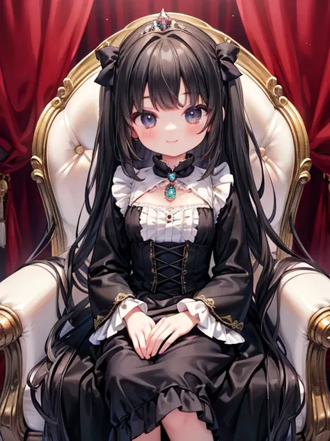 masterpiece, Highest quality, Very detailed, 16K, Ultra-high resolution, Cowboy Shot, Girl, Detailed face, Fearless smile, black eye, Black Hair, very long hair, quad drills, victorian dress, Crimson Dress, Tiara, brooch, Long Skirt, royal palace, Sitting ...