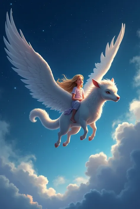 A girl, 10 years, long blonde hair, rides on the back of Fynara through a clear, starry night sky, the wings of the magical animal spread majestically, while gliding through clouds.