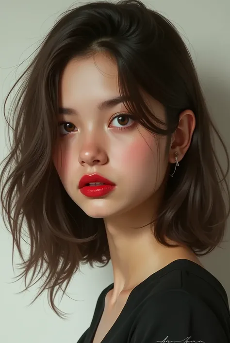 portrait of girl with shoulder length hair, brown, high nose, red lips, 