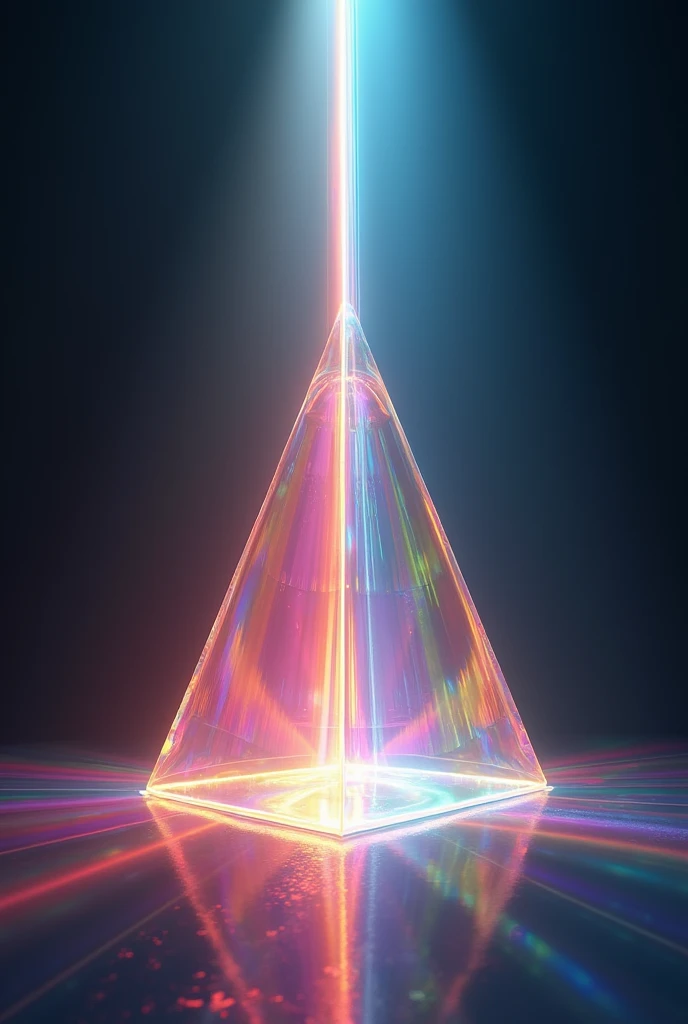 Large-scale glass prism sculpture refracting a single beam of light into a spectrum convergence, with focused, directional lighting illuminating the large-scale glass prism sculpture, creating an awe-inspiring and mesmerizing prismatic, refractive, and iri...