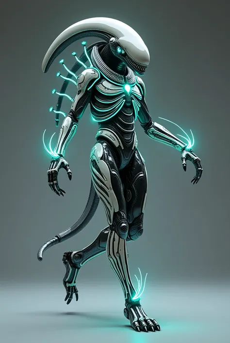 Scanimation of futuristic glowing cybernetic egyptian armor biosymbolic optlux wear by xenomorph anubis dancing capoera,full body view,8k,gray background,realistic style