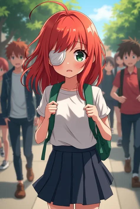 Make a redhead girl with loose hair wearing a white shirt, green backpack and navy blue skirt arriving at her high school, while others look at her and laugh at her for having a patch on her right eye