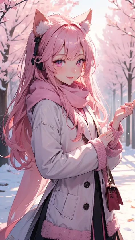 Masterpiece, 1 girl, smiling, european, winter coat, scarf, skirt, (small) chillerism, long pink hair, autumn trees,pink eyes,((Animal Ears))