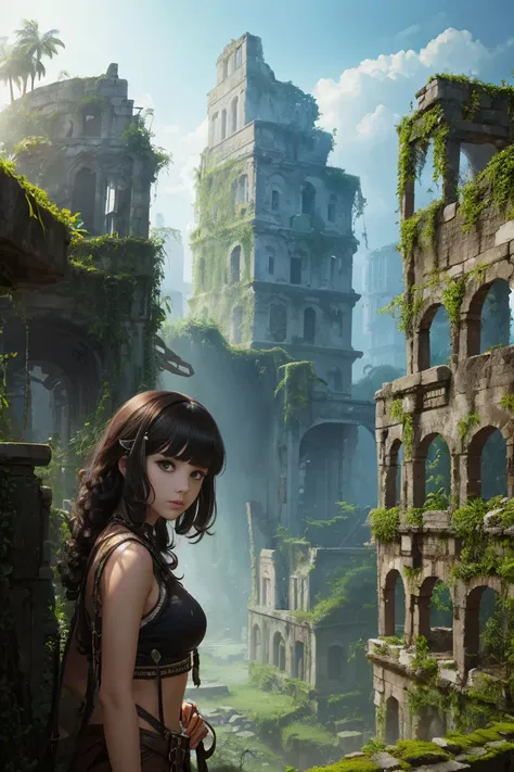 The ruins of an ancient city, overtaken by the encroaching jungle. masterpiece, highest quality, pixiv, cool girl, the strongest pirate girl, skull fashion, dark brown hair, curly hair, dull bangs, straight bangs, gray eyes, white skin, gal, Improve