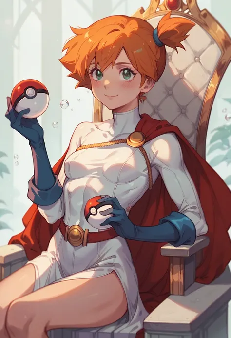 Misty_pokemon , Berry Short,Orange Hair ,Big green eyes,Small breasts,Skinny . Queen of the ocean , beautiful outfit, crown , throne , bubble , power girl , cute , beautiful woman, blush , sweet smile, blue PokeBall 