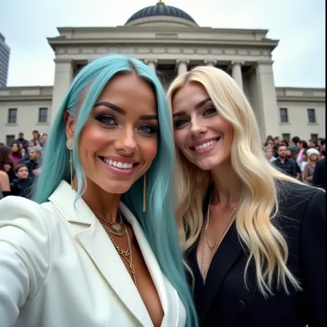 A smiling beautiful biracial latina woman with long light blue hair, light blue eyes, large breasts and elegant clothes and oufit white, next to 1 beautiful white woman, long blond hair and brown eyes elegant clothes and oufit black, in front of the Metrop...