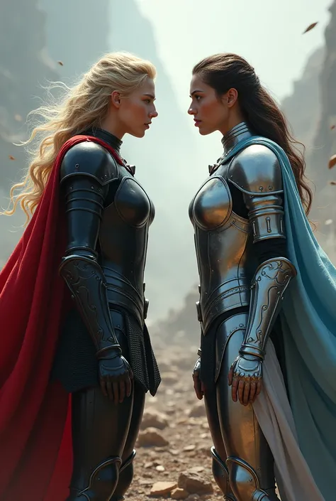 A blonde woman facing a black-haired woman on the battlefield. The blonde was wearing black armor with a red cape and the brunette was wearing silver armor with a light blue cape.. 