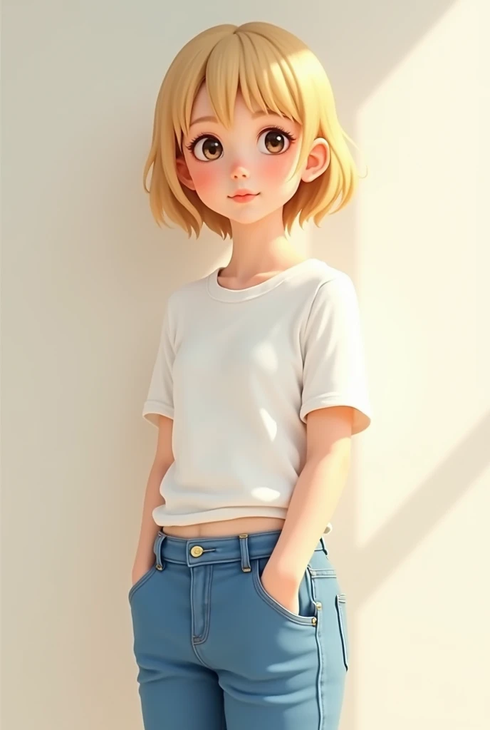 Fille au cheveux blonds et court avec un t-shirt blanc un jean bleu et une culotte blanche 