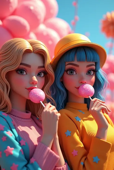 2 woman eating lollipop with colorful dress and colorful background. Semi animated 3d 