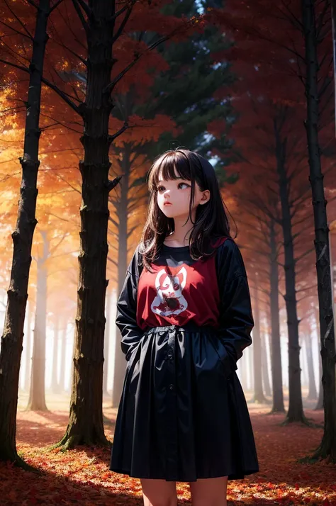 a girl standing under the dead tree,black and red palette,eerie, facing the opposite direction