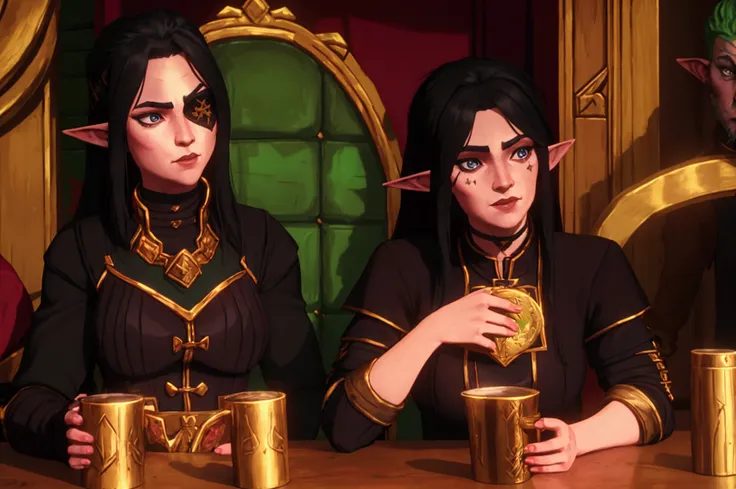 Drunk Elf Woman in Black Armor with Long Black Hair Sitting in Tavern Holding a Mug of Ale in Hand, There are gold coins on the table, in the background are other adventurers and knights, scars on face, eye patch, Elf Knight Commander, black full armor, Bl...