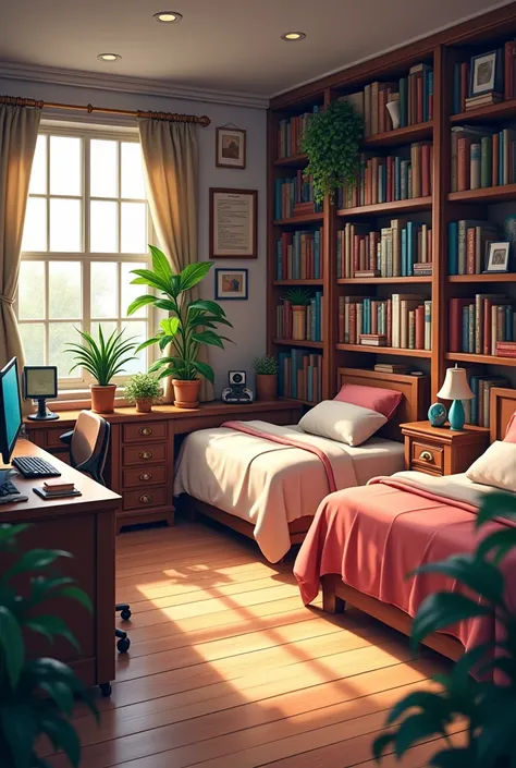 A room with two beds with a big wall handing bookshelf with some plants and two desks with a computer and a window 