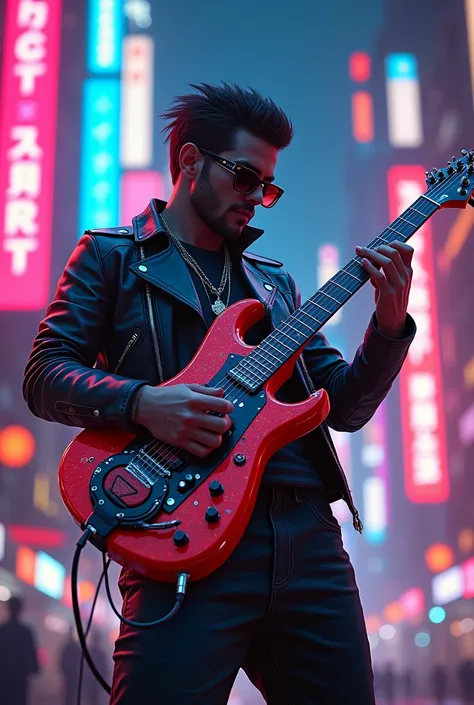 Cyberpunk Rockboy Jimm Heatfield with sunglasses with a neonelectroguitar, Cyberpunk 2077 style