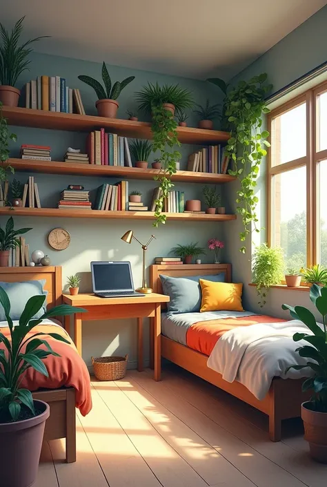 A room with two beds with a wall handing bookshelf with some plants and two desks with a computer and a window 