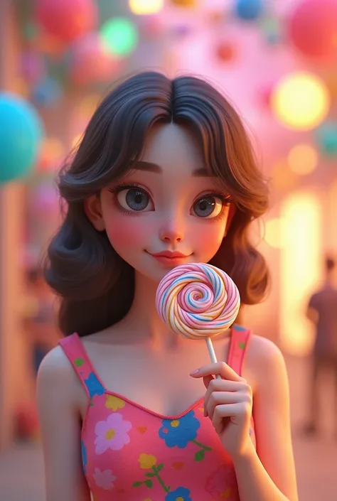 2  1 woman eating lollipop with colorful dress and colorful background. Semi animated 3d portrait