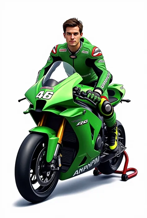 Drawing of the Yamaha R6 in green color with Marc Marquez driving on a white background 