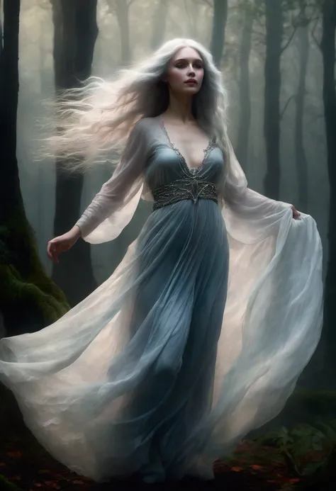 realistic, highly detailed, fantasy, beautiful woman with pale skin and long flowing silvery hairs, sheer loose flowing clothing...