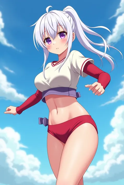 HD、Animation style、white hair 、Purple Eyes、girl、plump breasts 、High school student 、single ponytail、Baseball player、Light color short sleeve top、Long sleeve red underwear、Good shape、Thin、sash、Sky、cloud、sunny、Kick Taekwondo