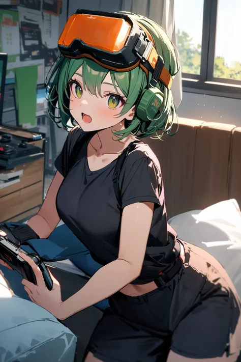 (best quality, 8k, highres,masterpiece:1.3), ultra-detailed, 1girl, black pajamas, short sleeve, short pants, (playing VR games:1.3), room, sitting sofa, (holding game pad:1.3), (wearing head-mounted display:1.3),open mouth, medium breasts, cleavage,