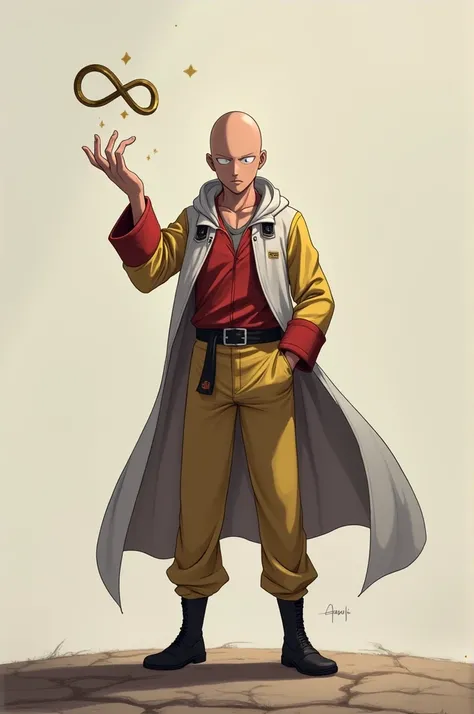 Imagine Saitama, the protagonist of the popular anime "One-Punch Man," holding the infinity symbol (∞) with one hand. Hes wearing his signature blank expression and has a relaxed posture, as if effortlessly grasping the endless concept of infinity. His oth...