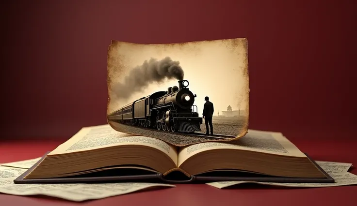 

"Create an image of an open book resting on a deep red surface, with a vintage sepia-toned photograph emerging from the book’s pages. The photograph features a classic steam locomotive with a large front light, puffing thick smoke into the air. Next to t...