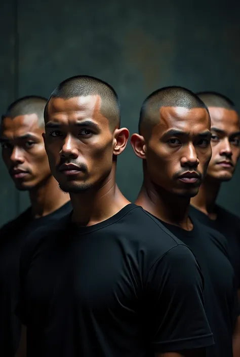 4 Indonesian man buzz cut wearing black t-shirt dramatic background 