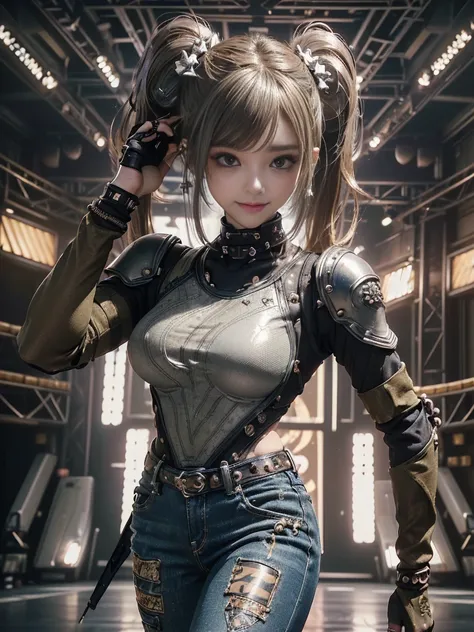 (Full body image:1.2)、(Side view:1.1)、(Smiling with teeth showing:1.3),(Shibuya Gal:1.5)、(Futuristic combat armor suit:1.5)、(Punk Rock Visual Kei:1.5)、(Wearing a rhythmic gymnastics bodysuit with intricate details:1.4)、(Elaborately decorated navy, black an...