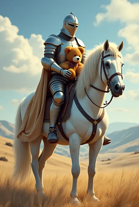 White Horse Knight　Holding a teddy bear