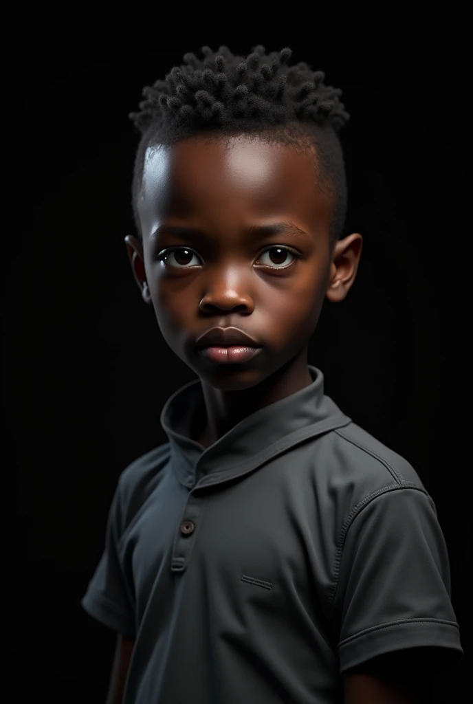 (Photorealism 1.2) A typical African child, a boy  looking straight into the camera.   Moody, mischievous look. Wearing a grey short sleeve dress, high colar. Absolutely pitch black background, backstage light