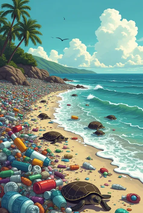  A cartoonic beach covered with plastic bottles, wrappers, and trash, scattered all over the sand and floating in the ocean, with sad-looking sea creatures in the water.