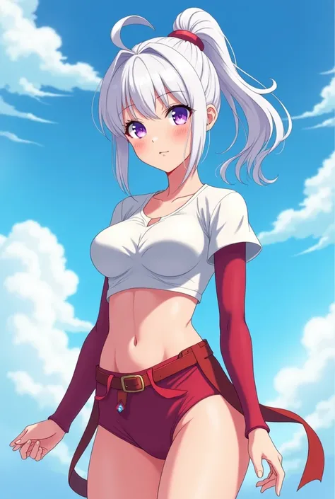 HD、Animation style、white hair 、Purple Eyes、girl、plump breasts 、High school student 、single ponytail、Light color short sleeve top、Long sleeve red underwear、Good shape、Thin、sash、Sky、cloud、sunny、Taekwondo