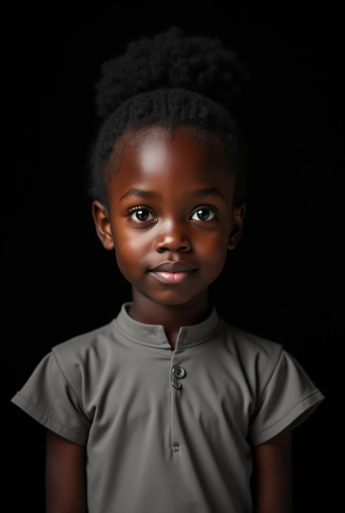 (Photorealism 1.2) A typical African child, a girl looking straight into the camera.   Moody, mischievous look. Wearing a grey short sleeve dress, high colar. Absolutely pitch black background, backstage light