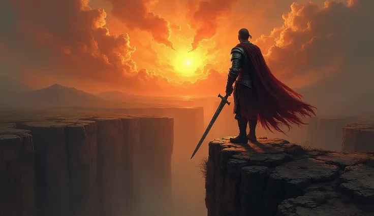 Realistic painting of a warrior in worn armor with subtle blood stains standing at the edge of a deep chasm, the background features a dramatic fiery sunset with swirling dark clouds, the warrior grips a sword tightly, his face shows a mix of determination...