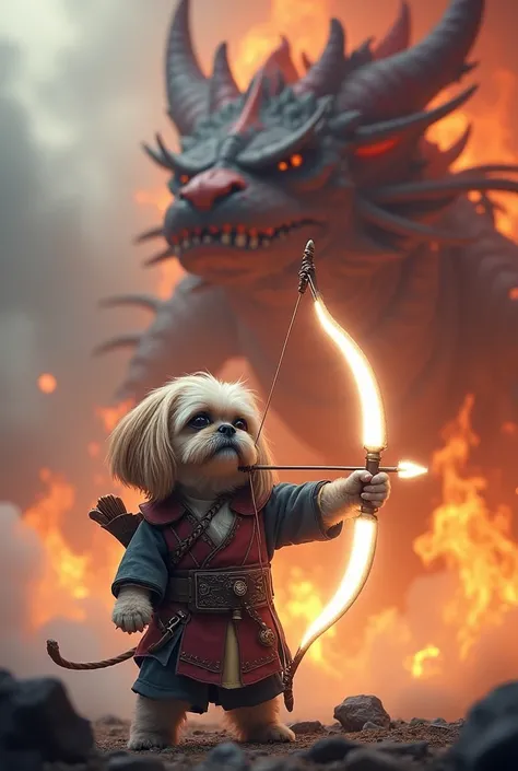 A Shih Tzu dog dressed as an archer from the game Ragnarok holds a glowing white bow and faces off against a fire dragon.
